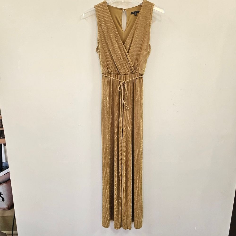 Lily Black Jumpsuit Women Size M Sleeveless Lined Wide Leg Shimmery Gold